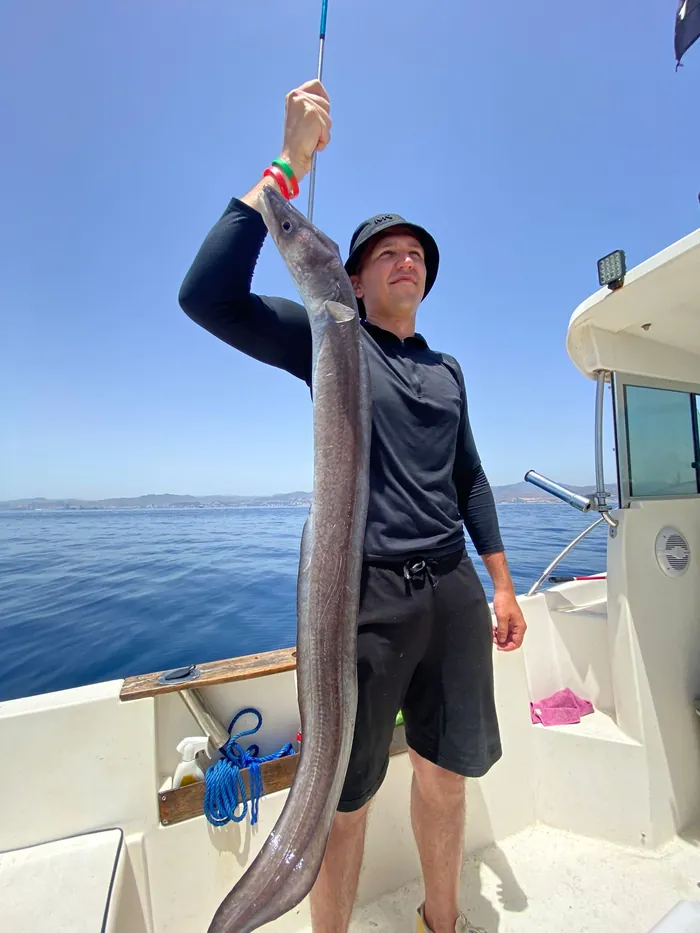 Angler lifting a conger eel caught on a bottom fishing trip in Málaga